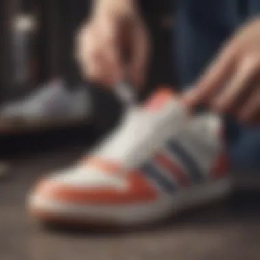 User applying cleaning solution to sneakers