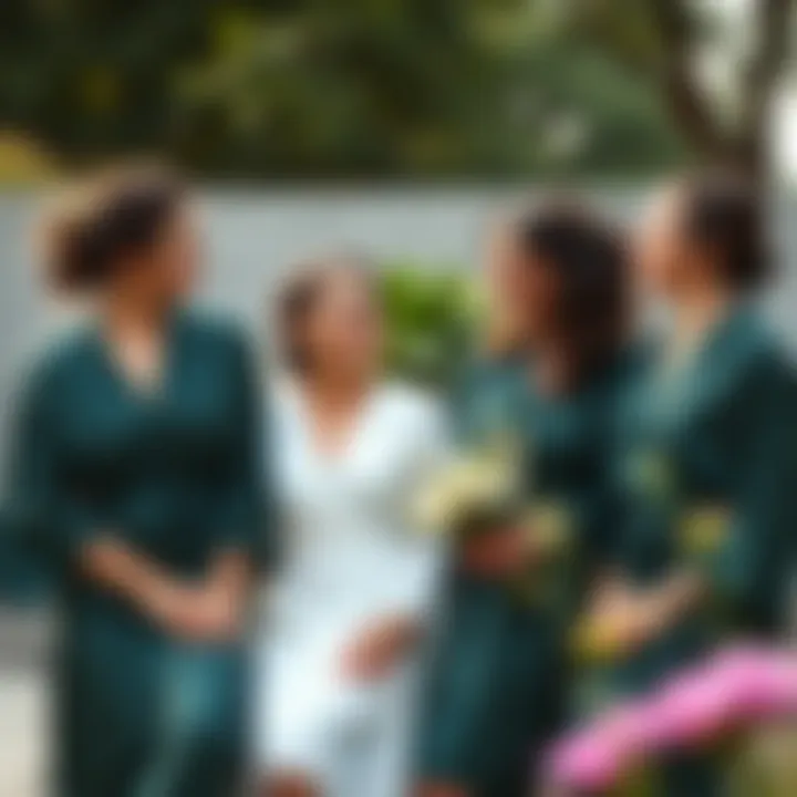 Bridesmaids in dark green robes enjoying a serene moment