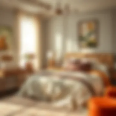 A beautifully styled bedroom featuring silk bedding and chic decor