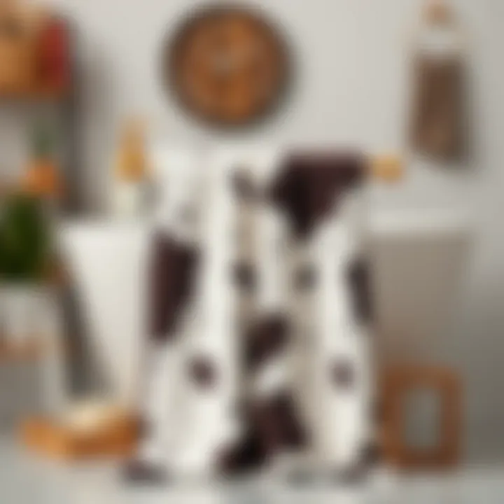 Cow print bath towel styled with complementary bathroom accessories