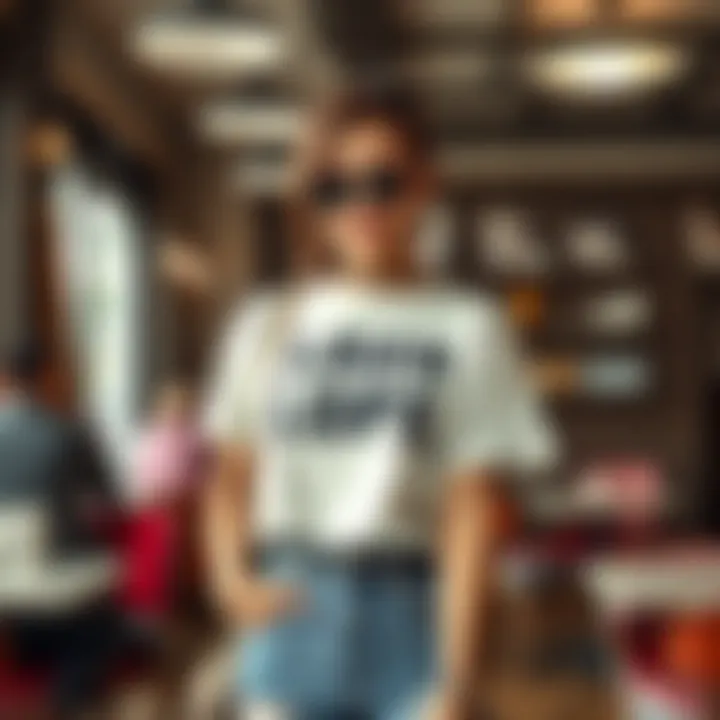 Fashionable lady showcasing a humorous top in a trendy café setting