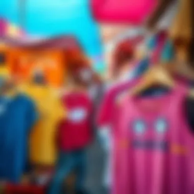 Stylish humor-infused tops displayed on a vibrant market stall