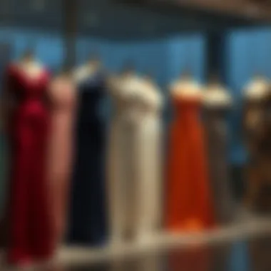 Diverse styles of floor length formal dresses displayed on mannequins
