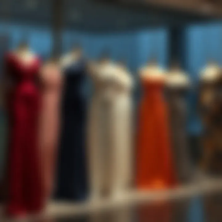 Diverse styles of floor length formal dresses displayed on mannequins