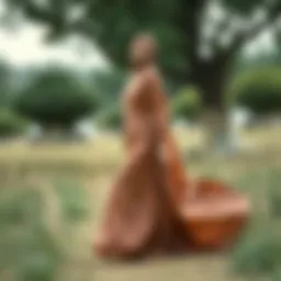 Elegant modest floor length dress in a serene outdoor setting