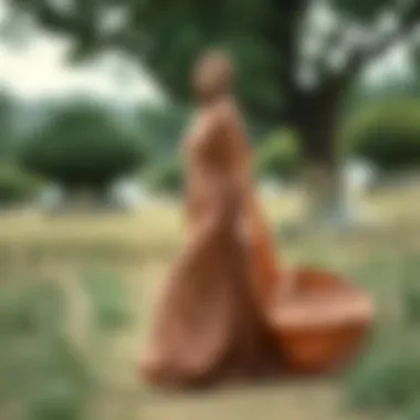 Elegant modest floor length dress in a serene outdoor setting