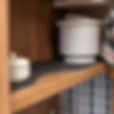 Close-up of a non-slip shelf mat in a kitchen cabinet