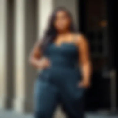 A fashionable plus size model confidently wearing a jumpsuit