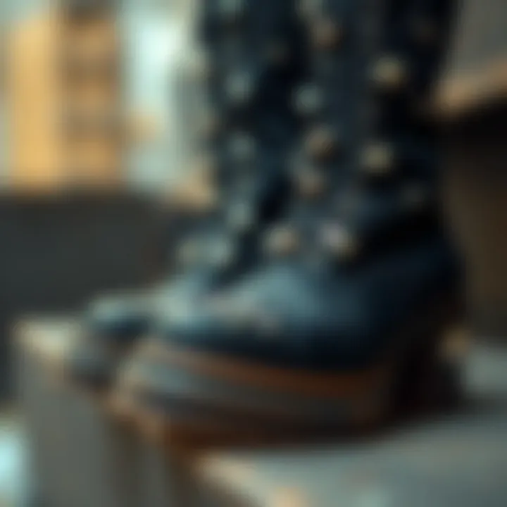 A close-up view of studded platform boots showcasing intricate detailing