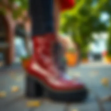 A vibrant outdoor scene featuring studded platform boots styled with contemporary fashion