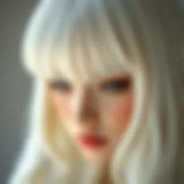 Close-up of a white wig showcasing distinct bang styling