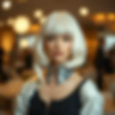 Fashionable setting with a model wearing a white wig with bangs