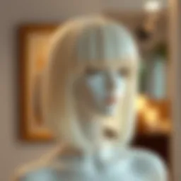 Elegant white wig with bangs styled on a mannequin