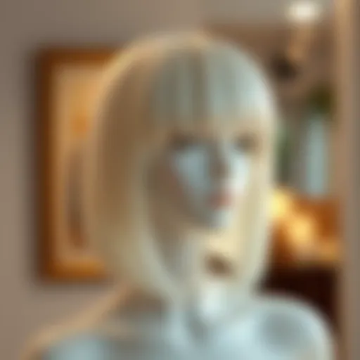 Elegant white wig with bangs styled on a mannequin