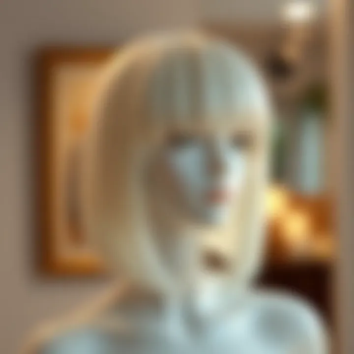 Elegant white wig with bangs styled on a mannequin