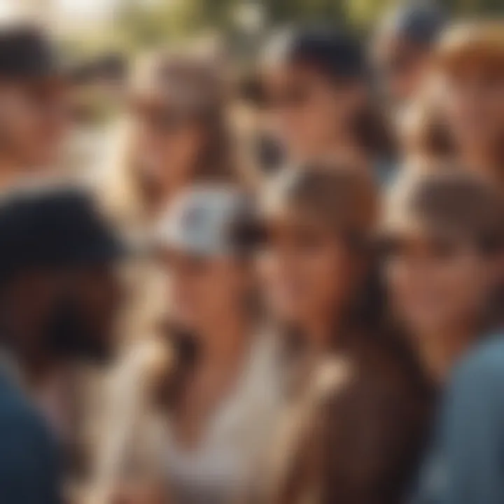 A group of diverse individuals sporting leopard print baseball hats at a lively outdoor event.