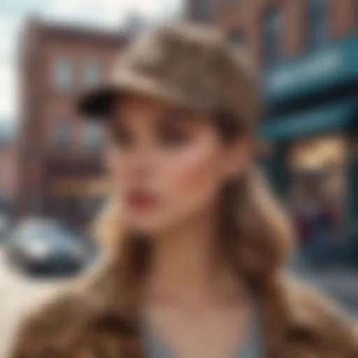 A stylish leopard print baseball hat displayed against a vibrant urban backdrop.