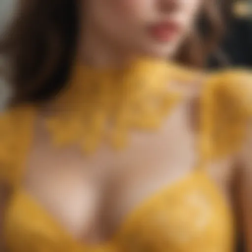 Close-up view of intricate yellow lace detailing