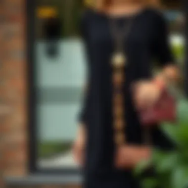 Fashionable accessories complementing a black tunic dress