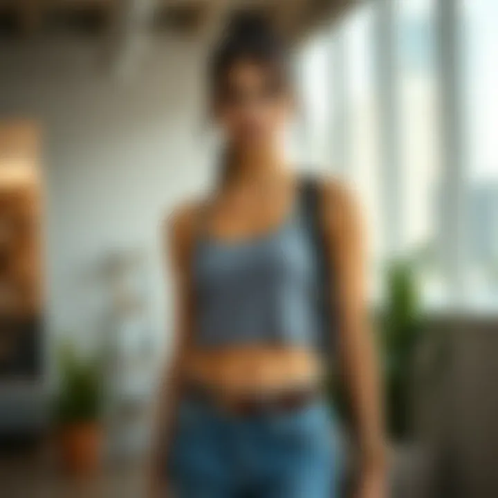 A fashion model styling a knit crop tank with diverse outfit combinations.