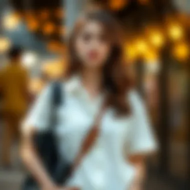 A laid-back short sleeve blouse paired with casual accessories, perfect for a relaxed outing.