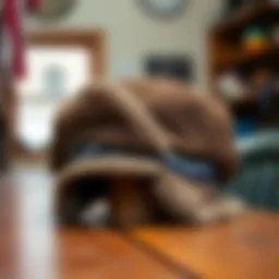 A vintage wool trapper hat displayed on a wooden table.