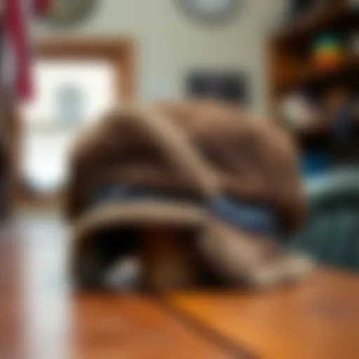 A vintage wool trapper hat displayed on a wooden table.