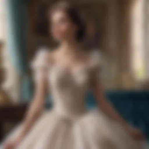 An elegant tulle princess dress displayed in a vintage setting