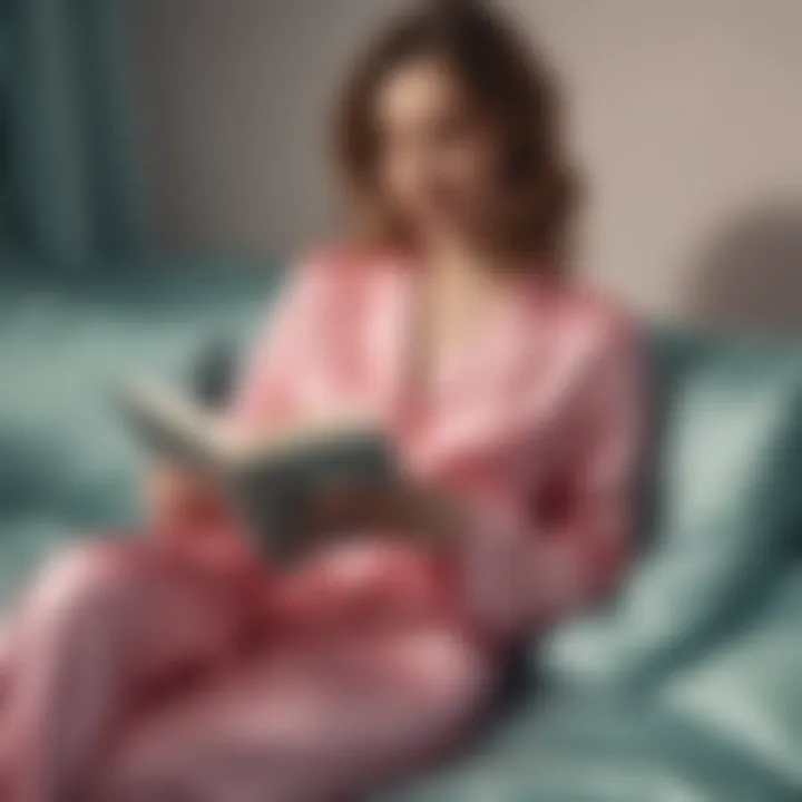 A serene moment of leisure with a person in satin pajamas enjoying a book