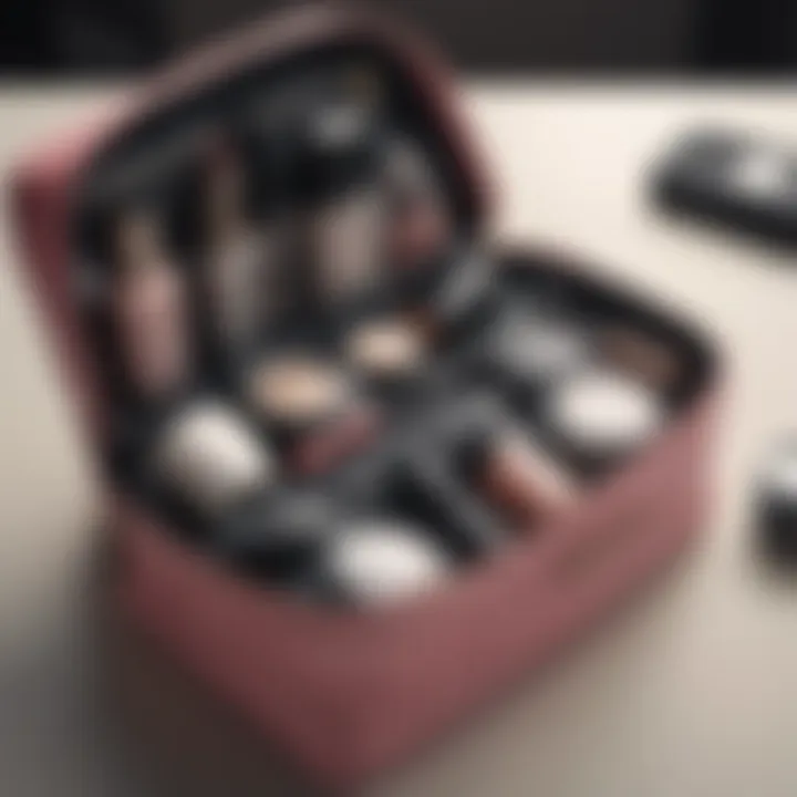 Organizational features of a foldable travel makeup bag, highlighting compartments