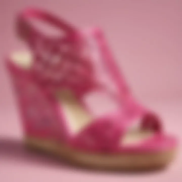 Close-up of the intricate design of fuchsia pink wedge sandals