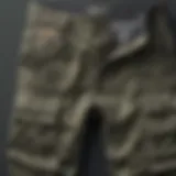 A detailed view of grunge cargo pants showcasing unique fabric textures and pockets