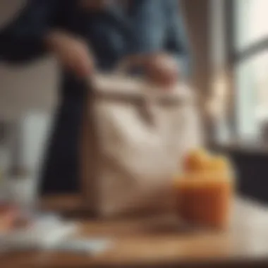 Person using an insulated lunch bag at work