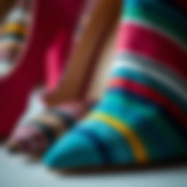 Close-up of intricate fabric textures used in multi-colored pumps