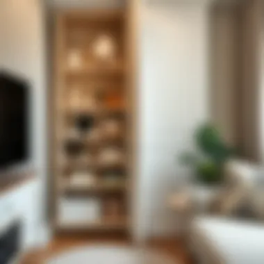 Organized narrow space saver cabinet filled with decorative items