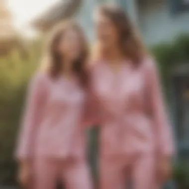 A playful outdoor scene with a mother and daughter laughing in matching jammies.