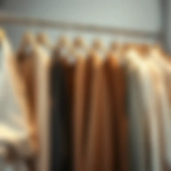 Elegant arrangement of neutral-toned clothing on hangers showcasing various textures.
