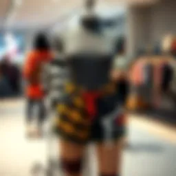 A stylish display of punk shorts on a mannequin, showcasing unique patterns and bold colors.