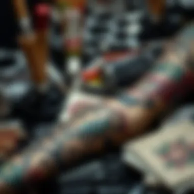 Materials used in creating temporary arm sleeve tattoos displayed artistically