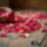 A close-up view of vibrant dried rose petals scattered elegantly on a wooden surface