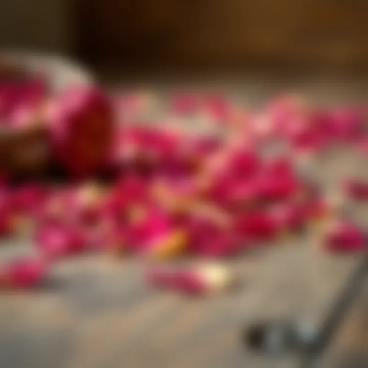 A close-up view of vibrant dried rose petals scattered elegantly on a wooden surface