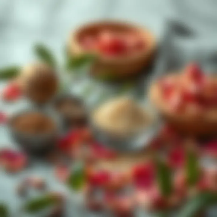 A tranquil scene showing a selection of natural ingredients alongside dried rose petals