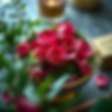 An artistic arrangement of dried rose petals and greenery in a decorative bowl