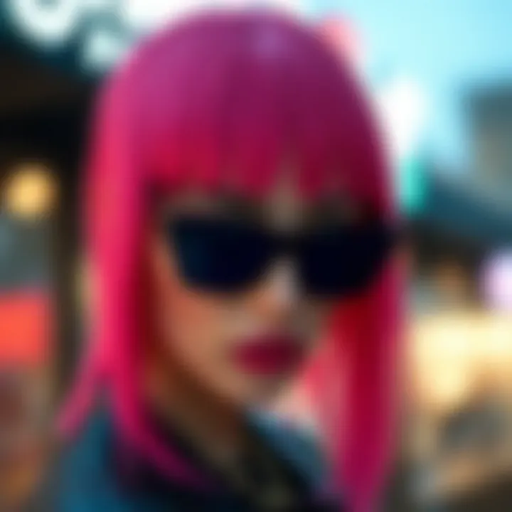 Vibrant hot pink wig with bangs styled creatively