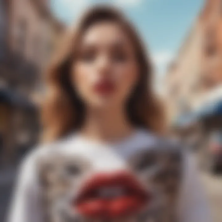 A model confidently wearing a leopard print lips t-shirt in an urban setting, embodying contemporary fashion trends.