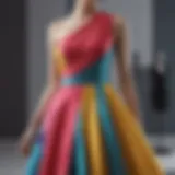 A stunning color block formal dress displayed on a mannequin, showcasing vibrant hues.