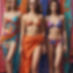 A colorful display of various swimsuits and sarongs arranged aesthetically