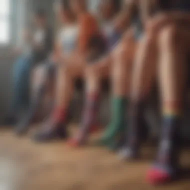 A diverse group showcasing personalized socks in a social setting