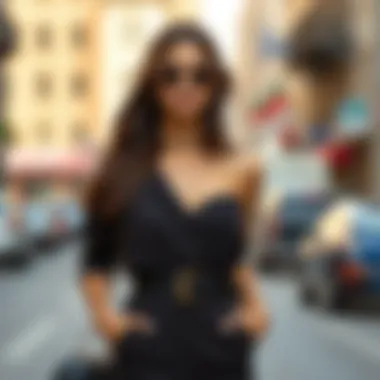 Stylish model accessorized with the one shoulder belted jumpsuit