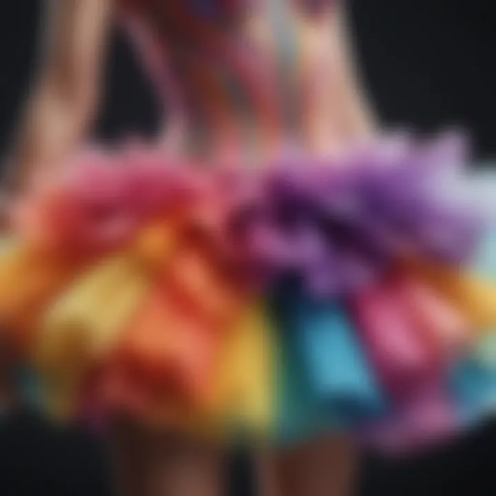 Close-up of the intricate craftsmanship of a handmade rainbow tutu skirt, highlighting the textures of the fabric.